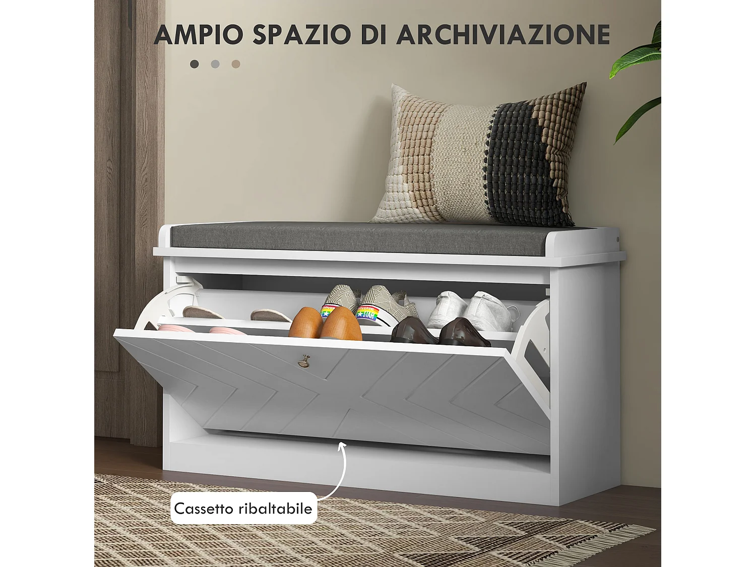 Panca scarpiera salvaspazio con cuscino per 8 paia di scarpe bianco