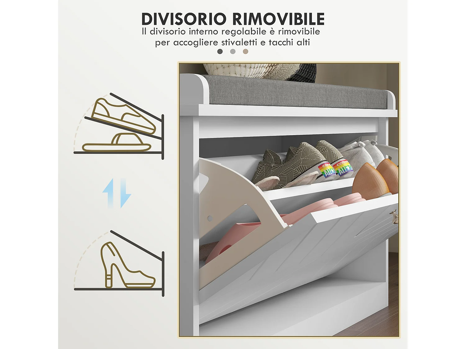 Panca scarpiera salvaspazio con cuscino per 8 paia di scarpe bianco