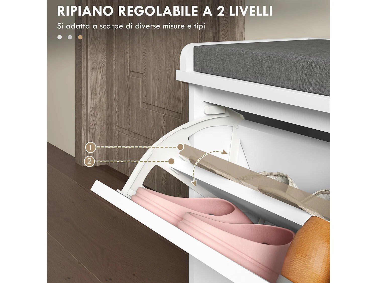 Panca scarpiera salvaspazio con cuscino per 8 paia di scarpe bianco