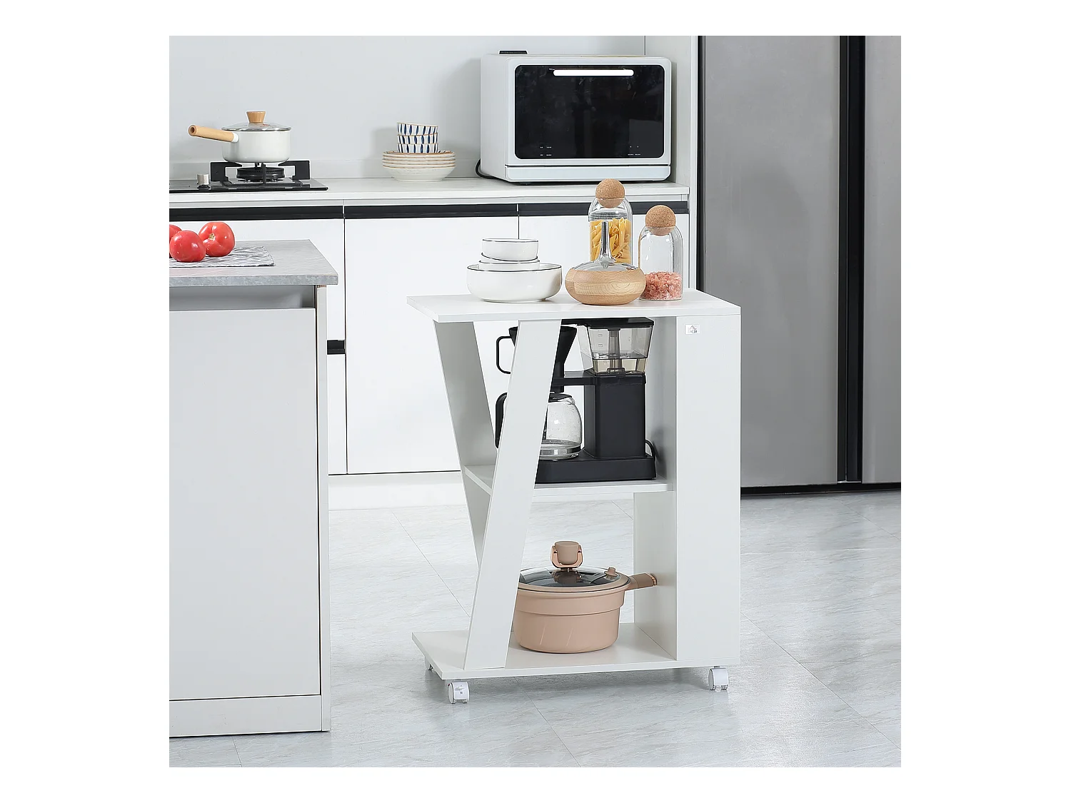 Carrello portavivande da cucina in legno con ripiani e ruote