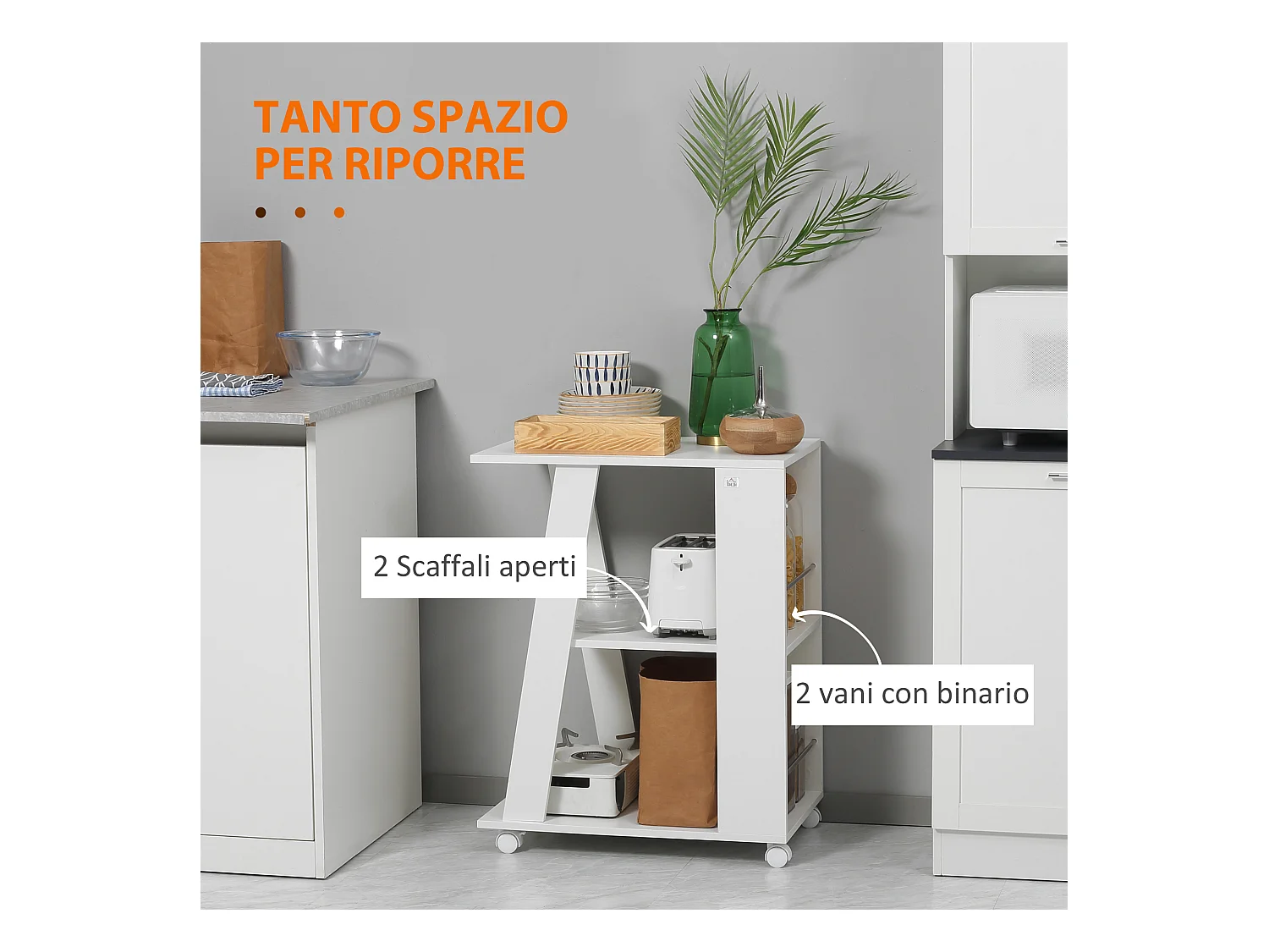 Carrello portavivande da cucina in legno con ripiani e ruote