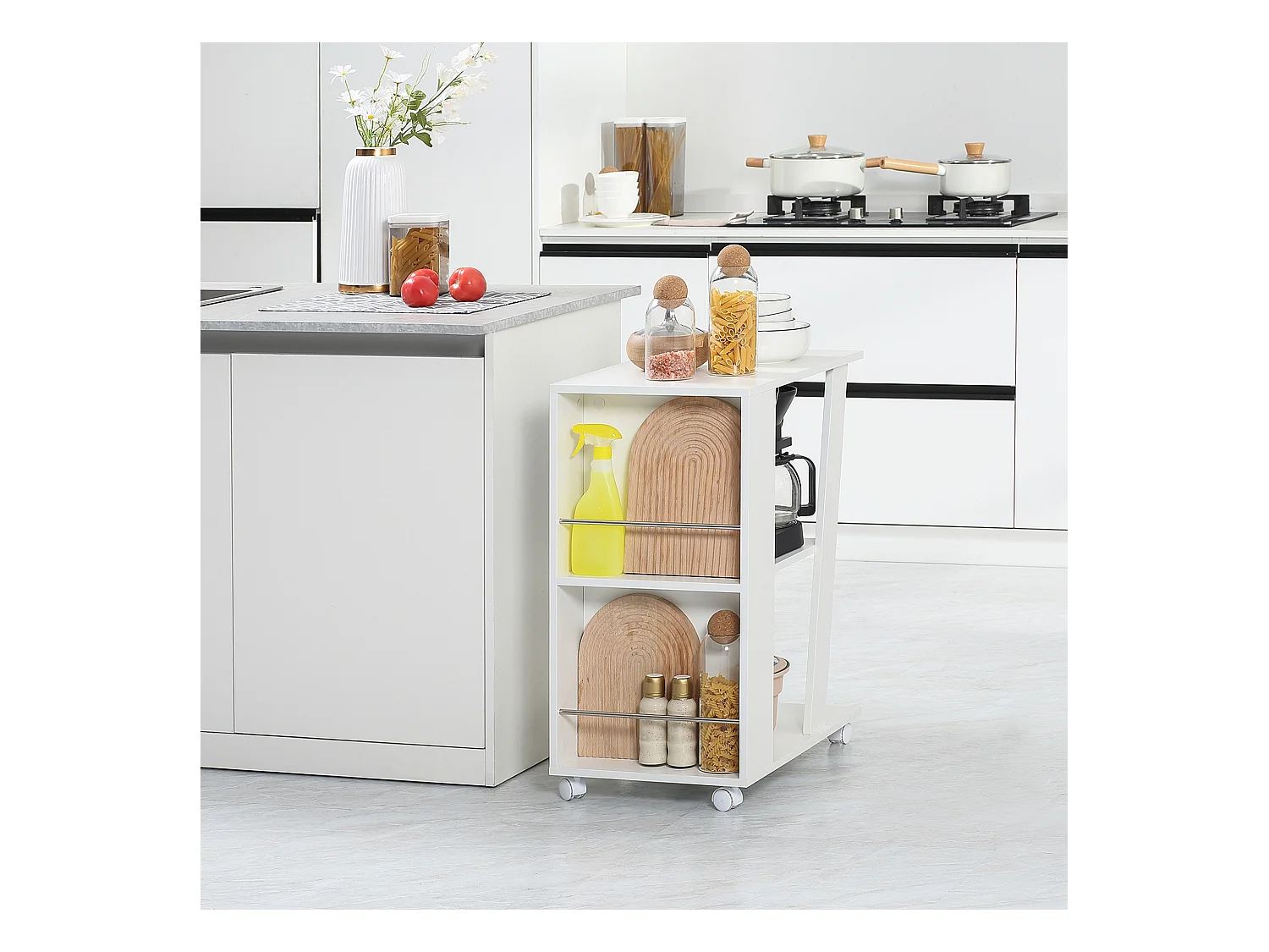 Carrello portavivande da cucina in legno con ripiani e ruote