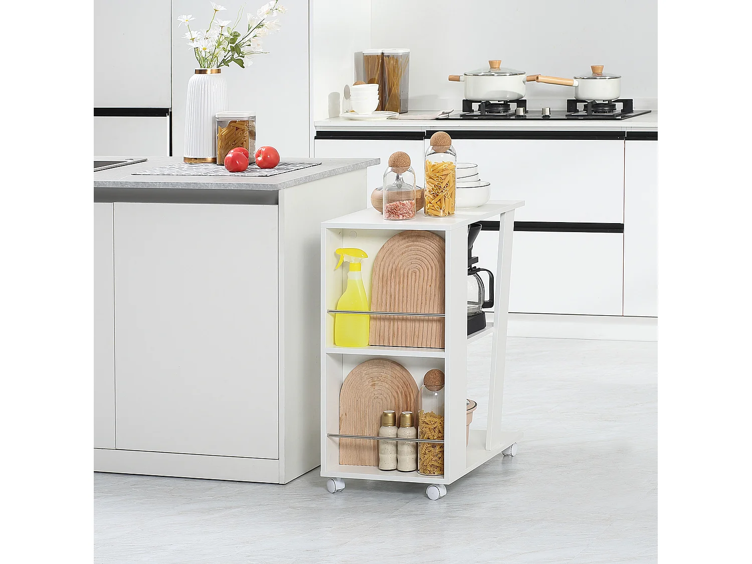 Carrello portavivande da cucina in legno con ripiani e ruote