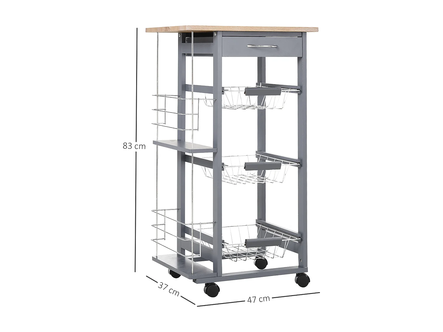 Carrello da cucina con cassetti e 2 portabottiglie in legno di pino