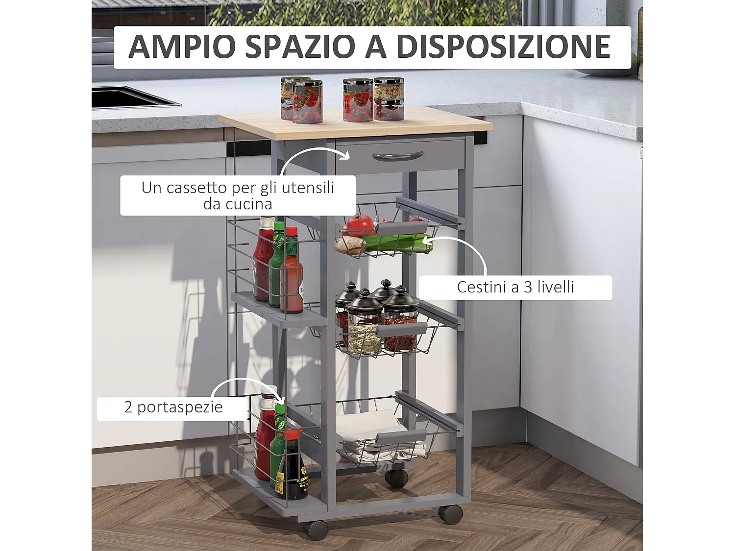 Carrello da cucina con cassetti e 2 portabottiglie in legno di pino