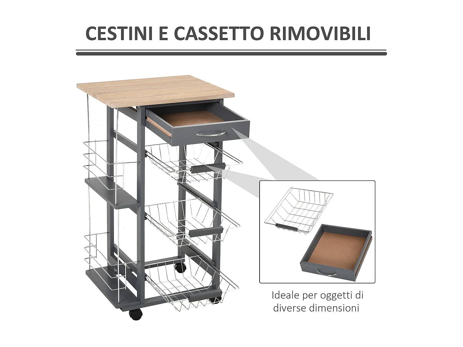 Carrello da cucina con cassetti e 2 portabottiglie in legno di pino