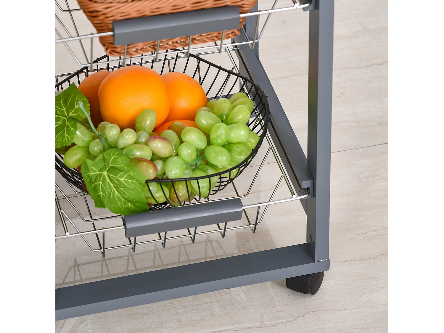 Carrello da cucina con cassetti e 2 portabottiglie in legno di pino