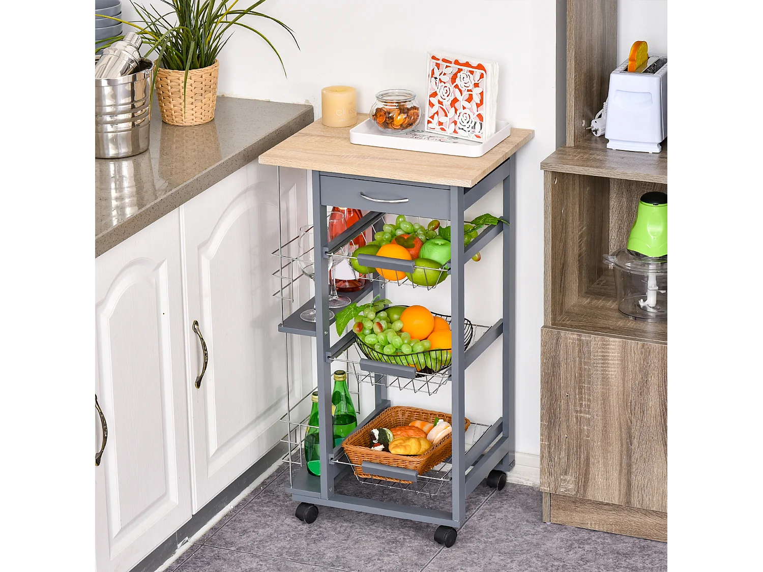 Carrello da cucina con cassetti e 2 portabottiglie in legno di pino