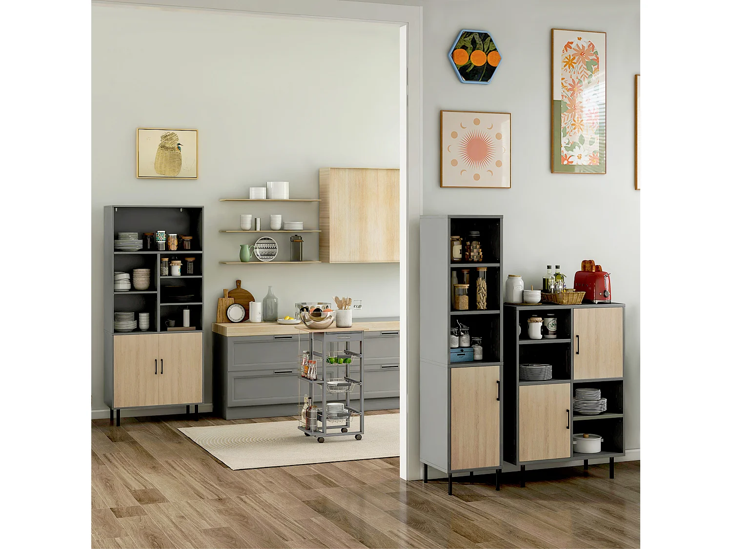 Carrello da cucina con cassetti e 2 portabottiglie in legno di pino