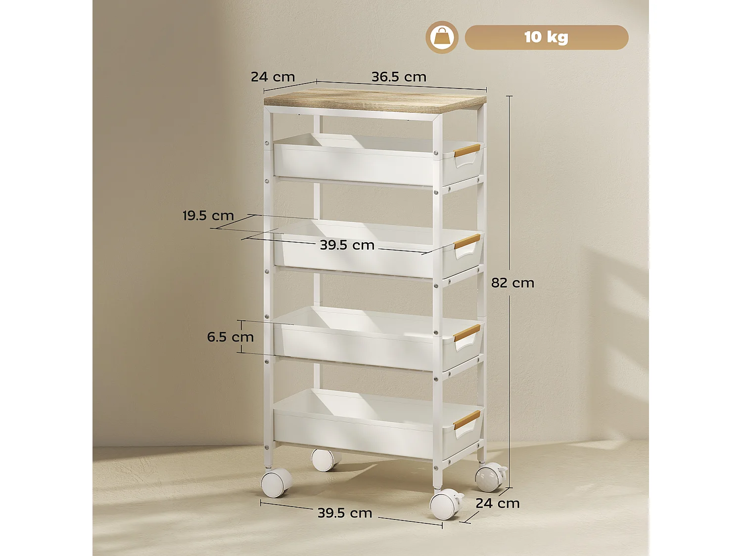 Carrello da cucina a 5 livelli con 4 cesti estraibili bianco e rovere