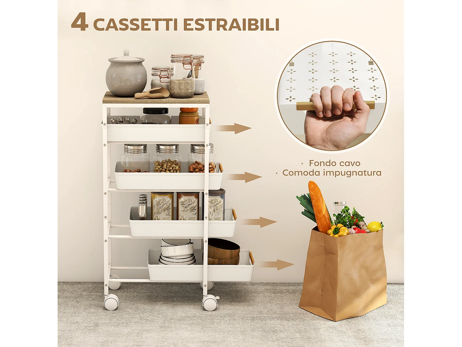 Carrello da cucina a 5 livelli con 4 cesti estraibili bianco e rovere