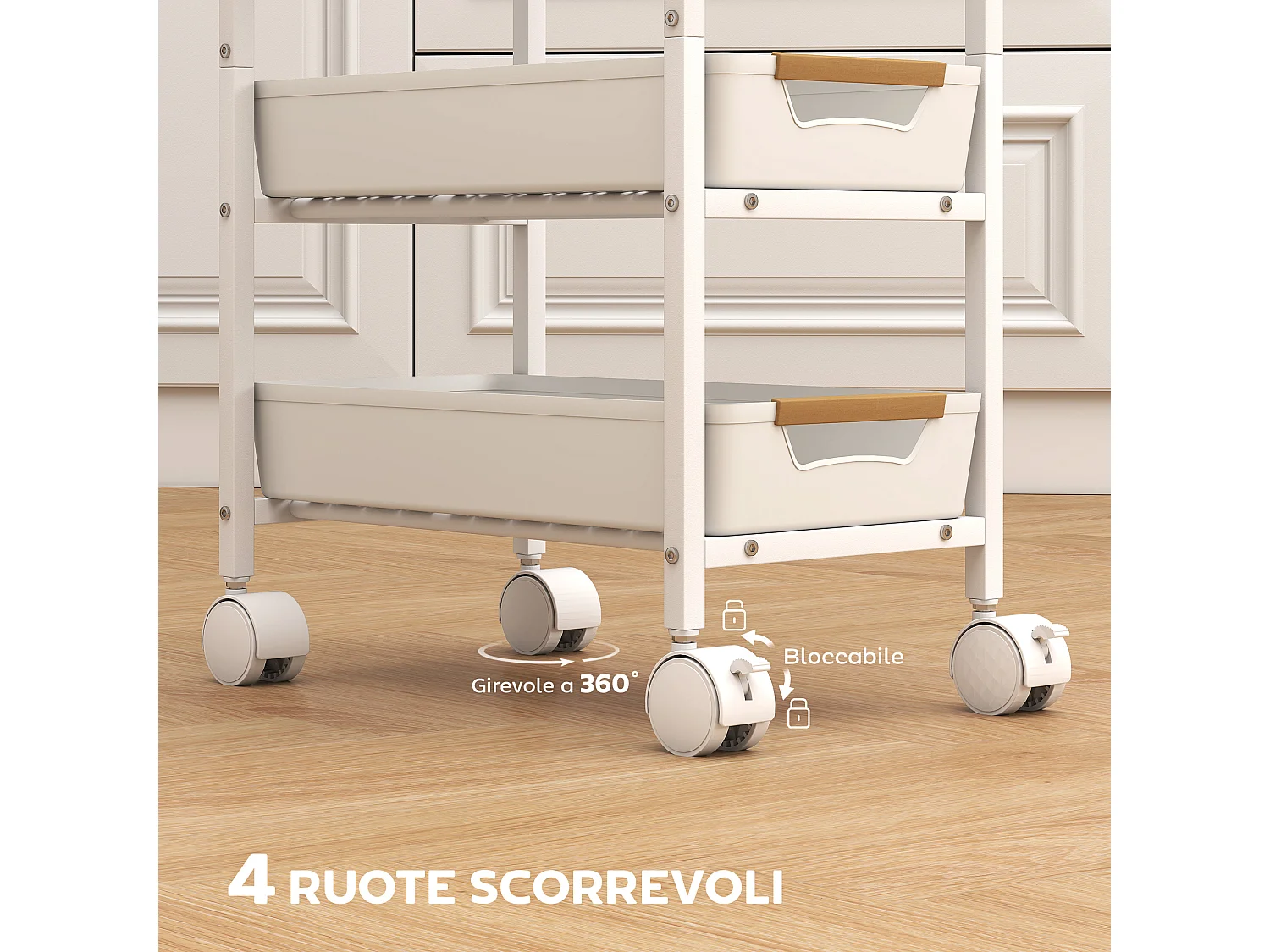 Carrello da cucina a 5 livelli con 4 cesti estraibili bianco e rovere
