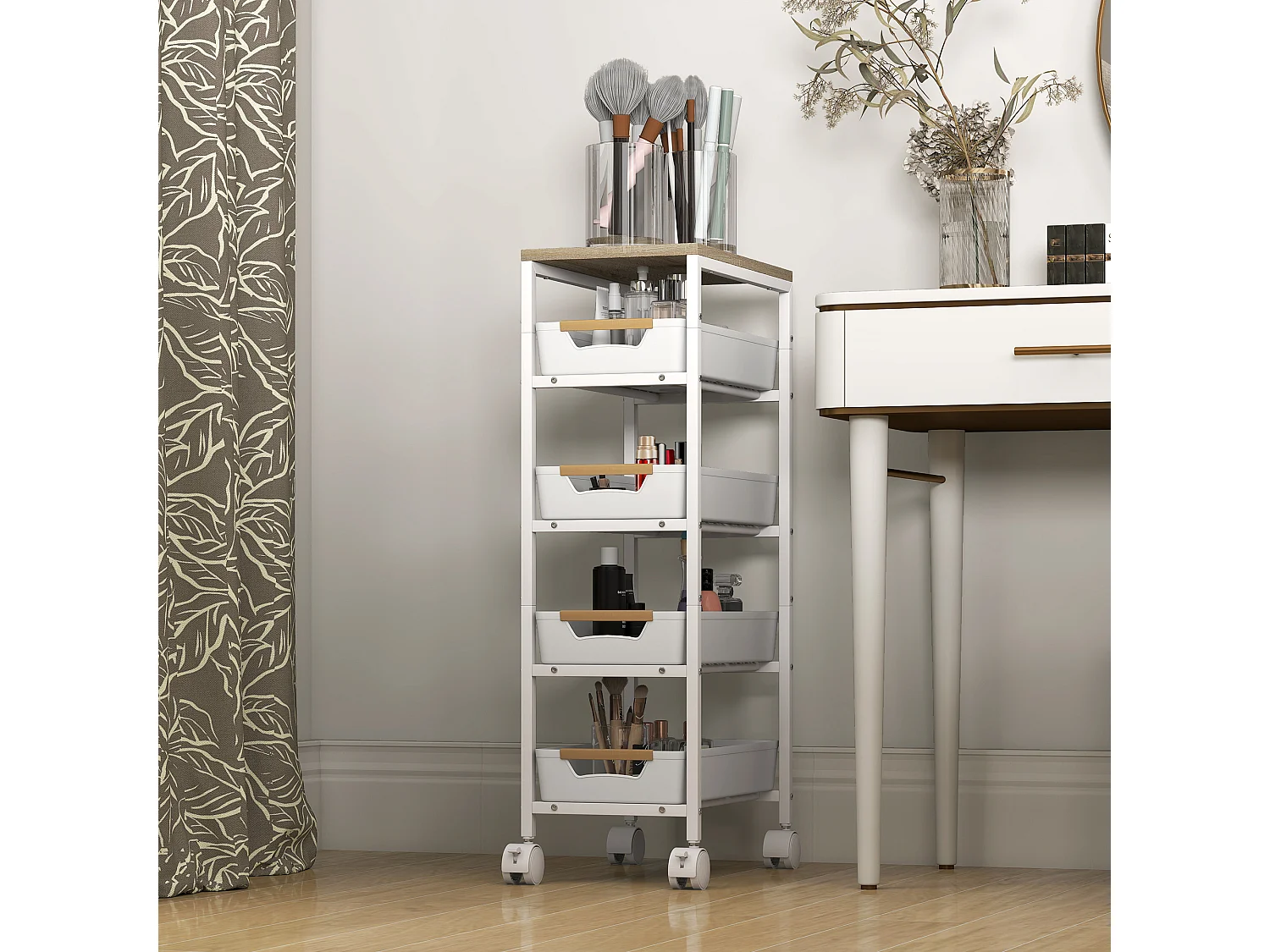 Carrello da cucina a 5 livelli con 4 cesti estraibili bianco e rovere