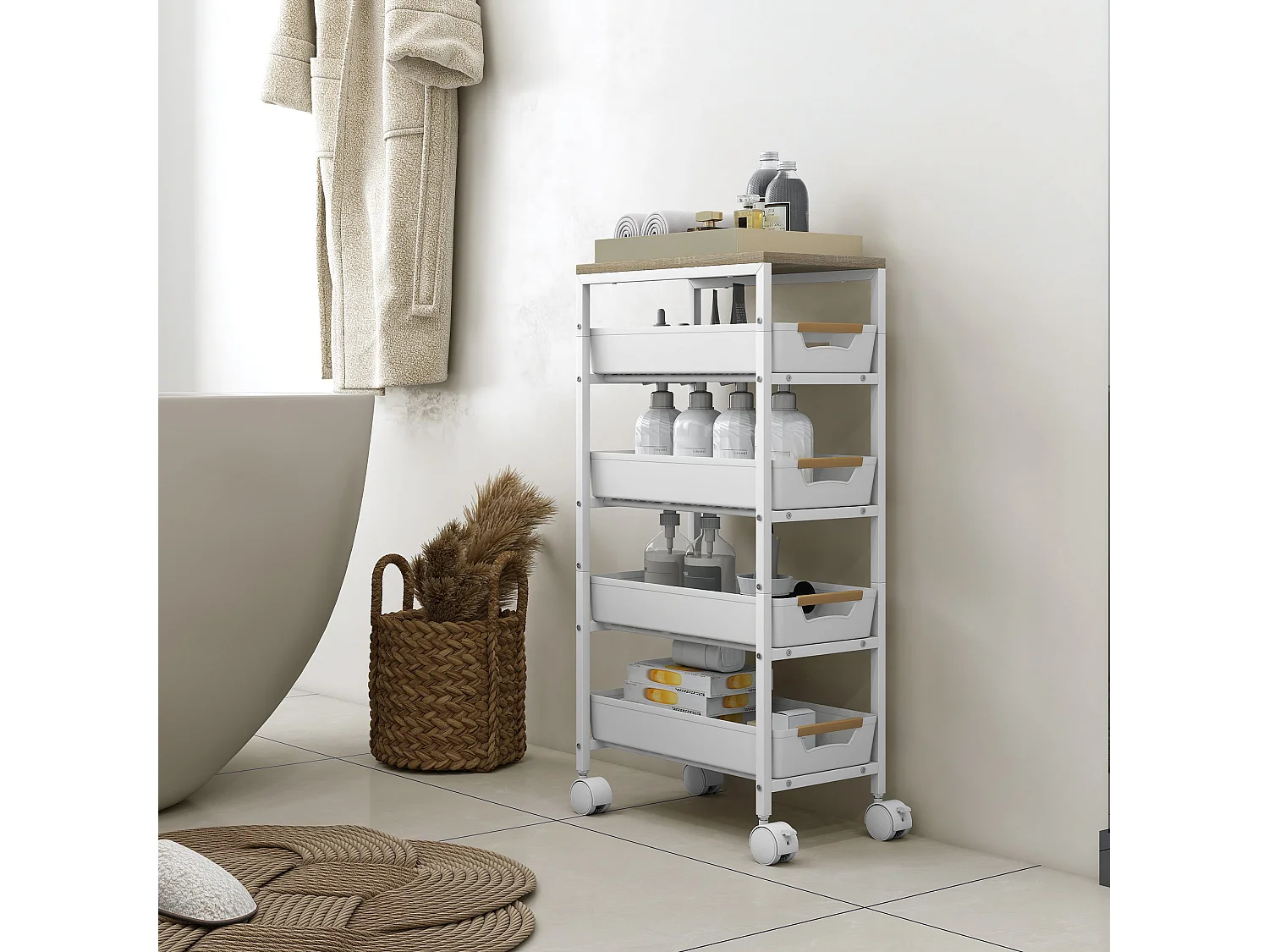 Carrello da cucina a 5 livelli con 4 cesti estraibili bianco e rovere