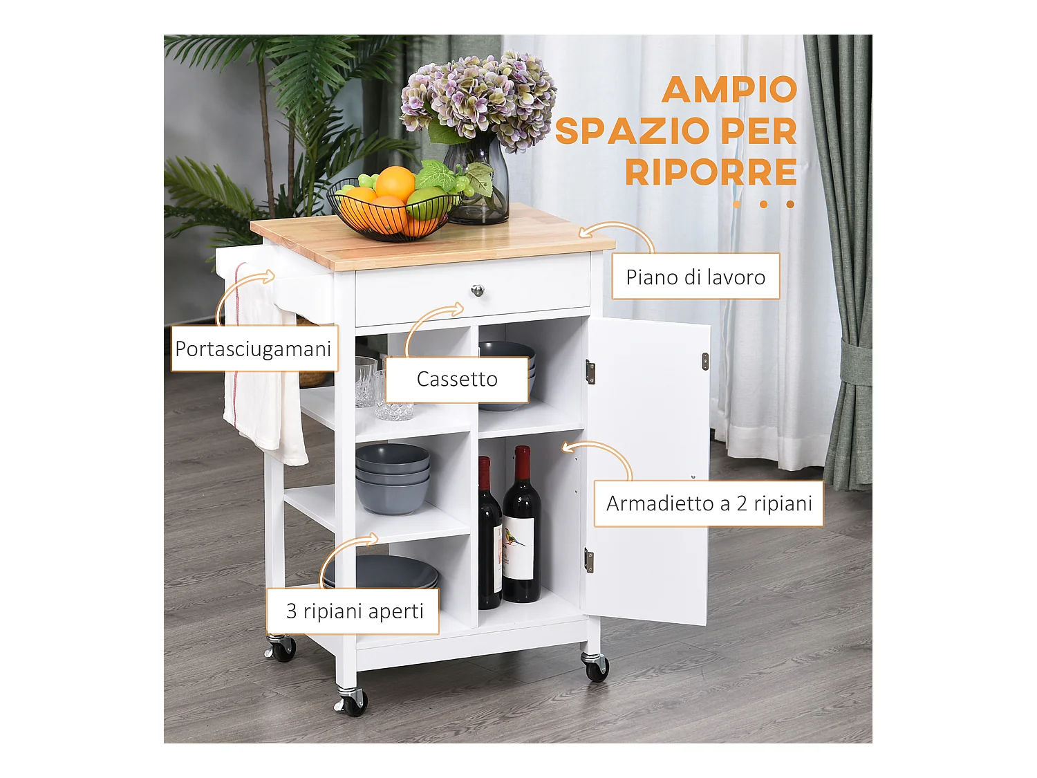 Carrello da cucina salvaspazio in legno mdf bianco