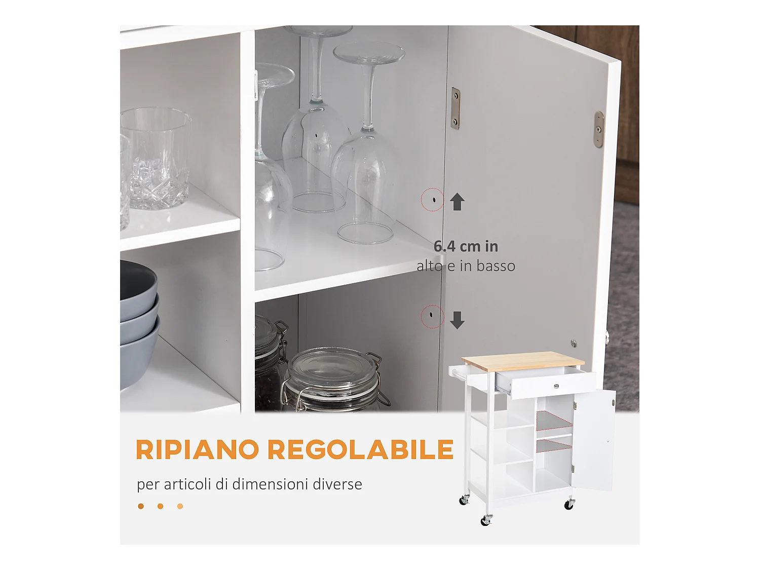 Carrello da cucina salvaspazio in legno mdf bianco