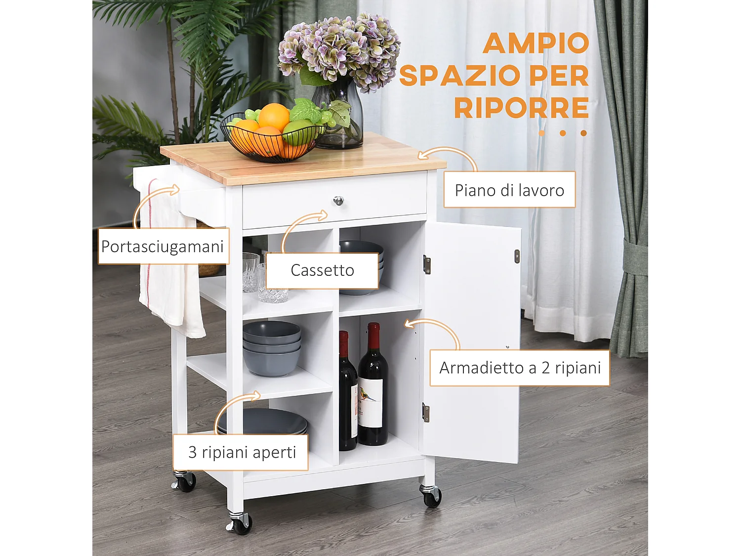 Carrello da cucina salvaspazio in legno mdf bianco