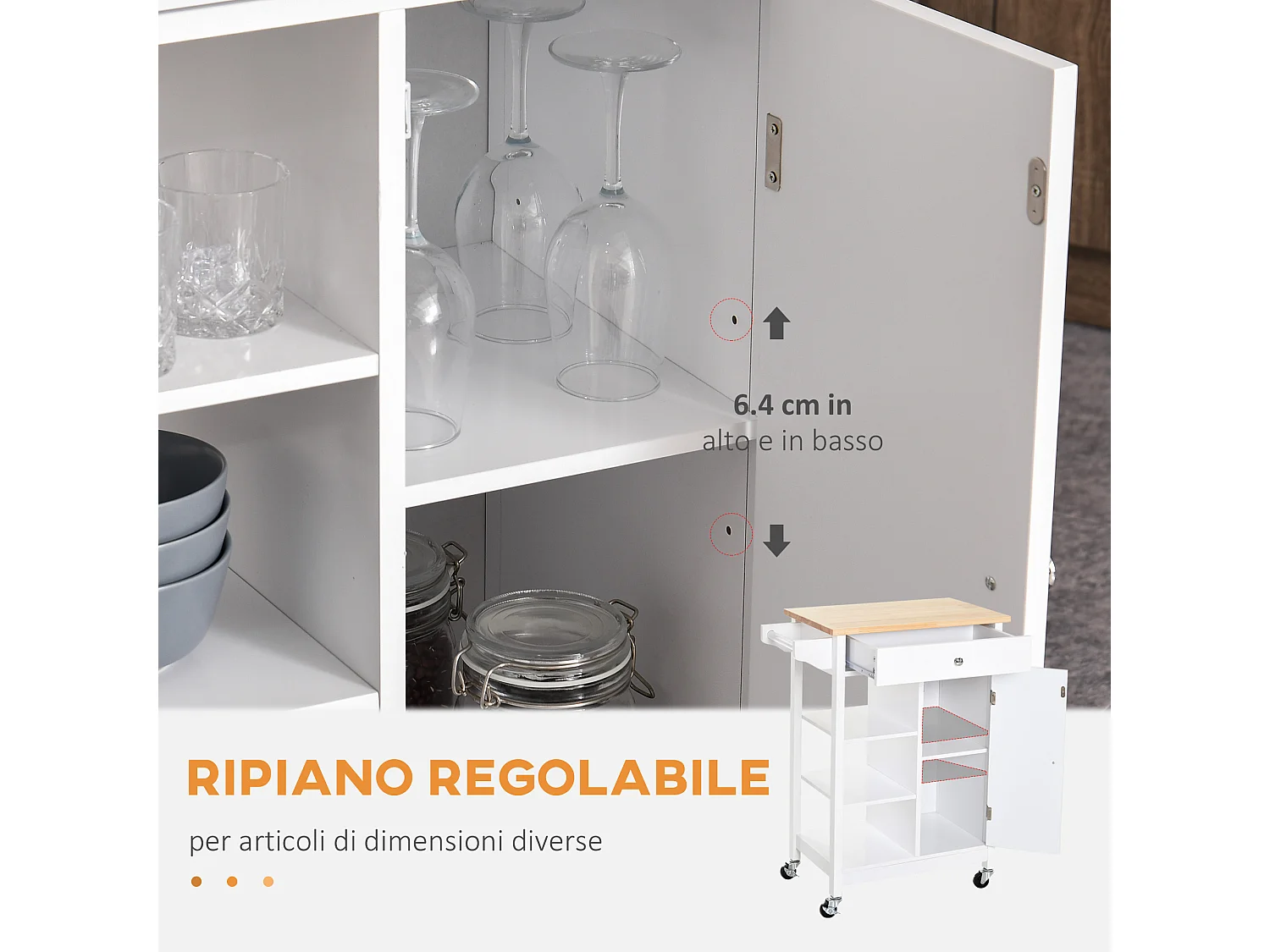 Carrello da cucina salvaspazio in legno mdf bianco