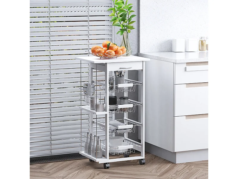 Carrello da cucina in legno bianco cassetto 4 cestelli e ruote