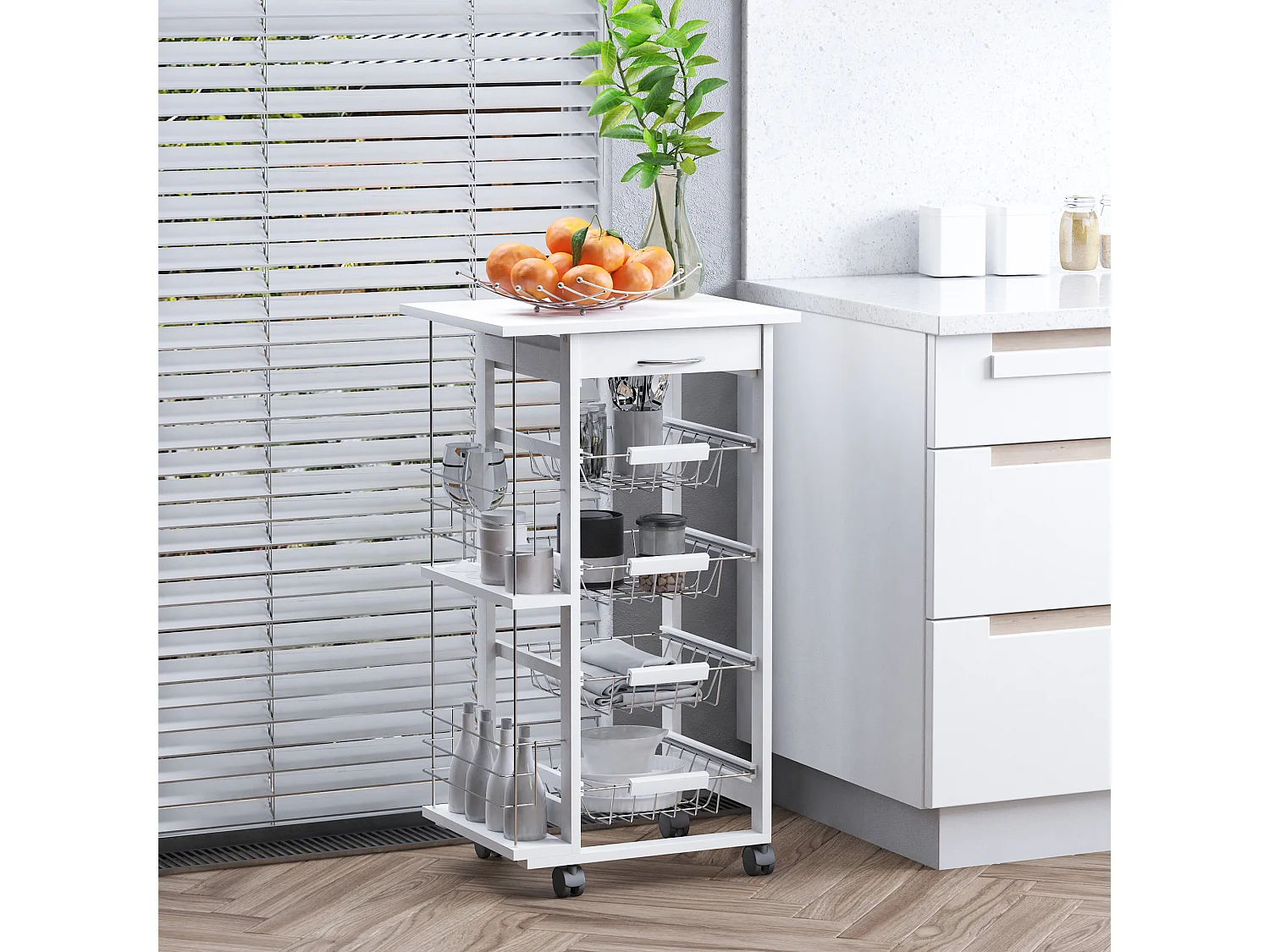 Carrello da cucina in legno bianco cassetto 4 cestelli e ruote