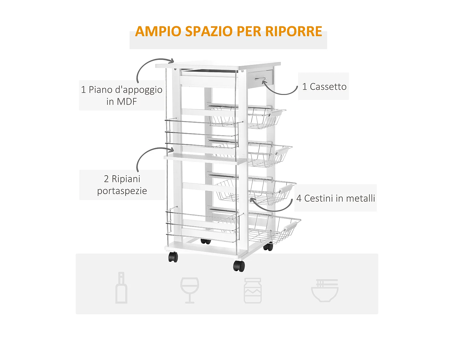 Carrello da cucina in legno bianco cassetto 4 cestelli e ruote