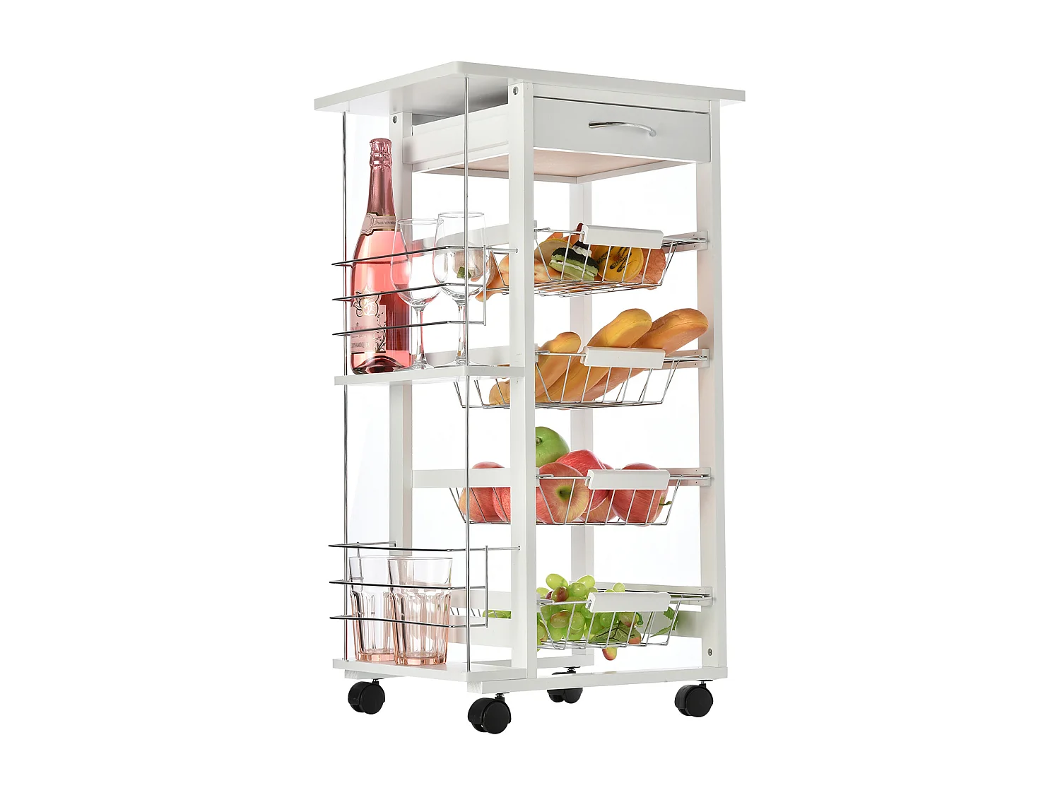 Carrello da cucina in legno bianco cassetto 4 cestelli e ruote