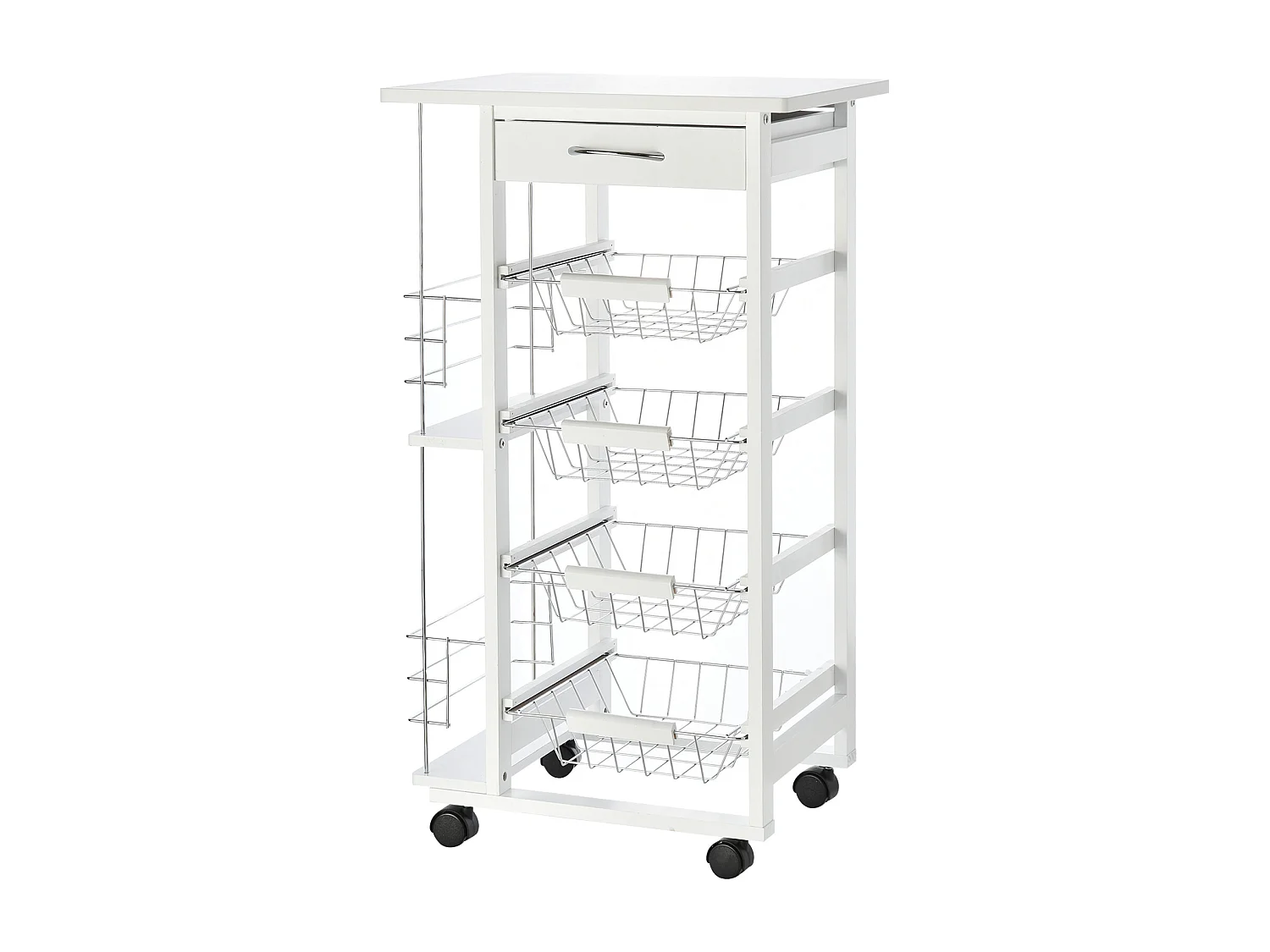Carrello da cucina in legno bianco cassetto 4 cestelli e ruote