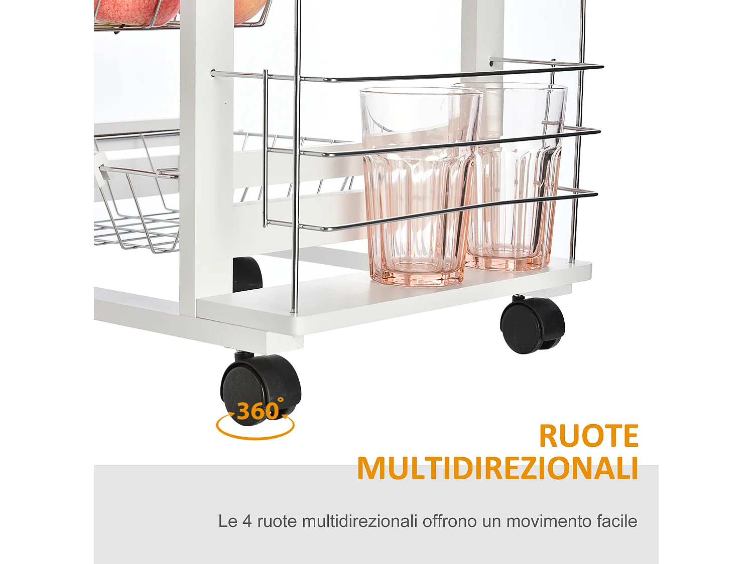 Carrello da cucina in legno bianco cassetto 4 cestelli e ruote