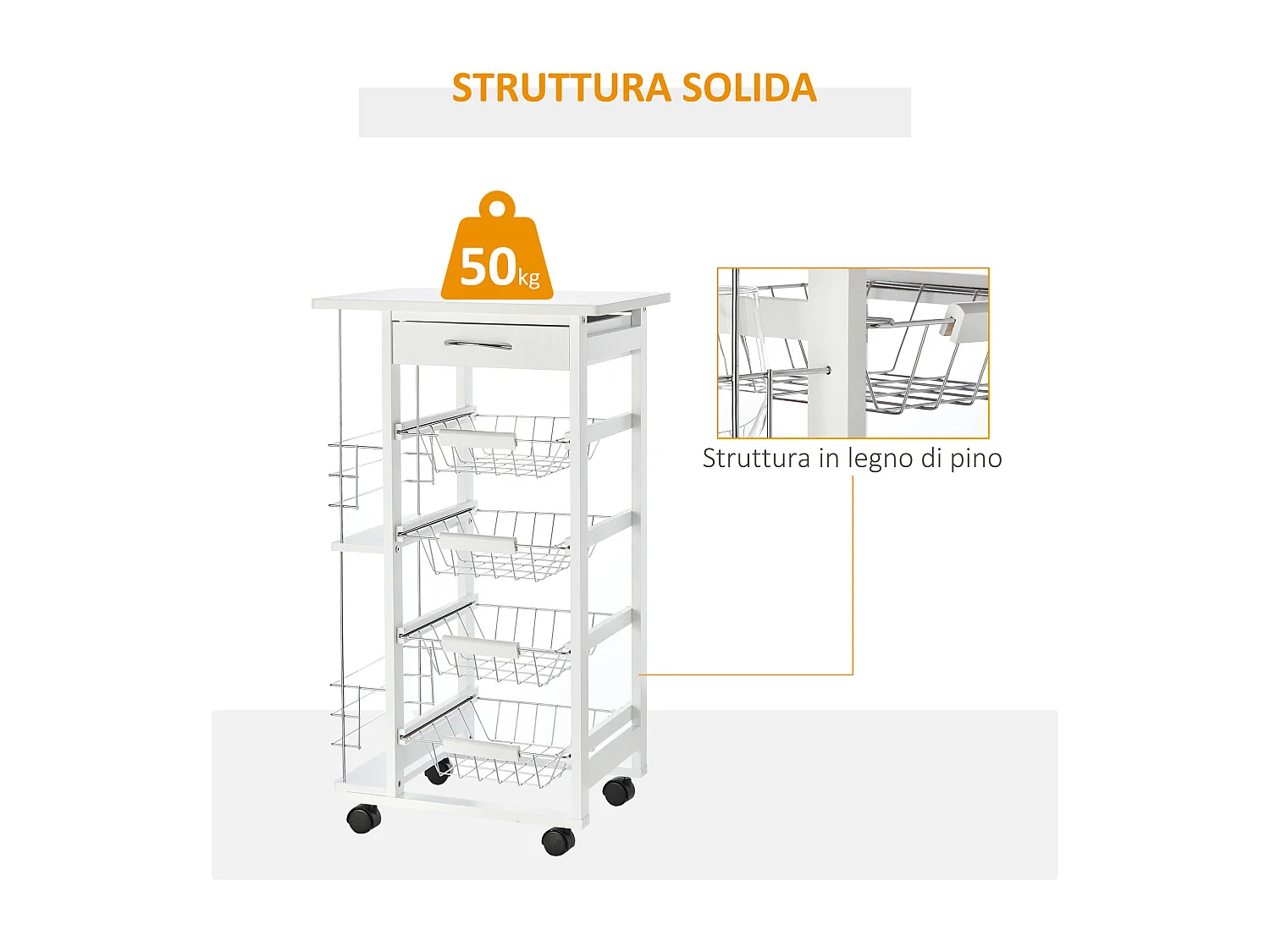 Carrello da cucina in legno bianco cassetto 4 cestelli e ruote