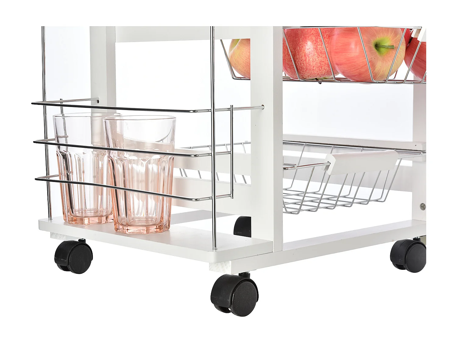 Carrello da cucina in legno bianco cassetto 4 cestelli e ruote