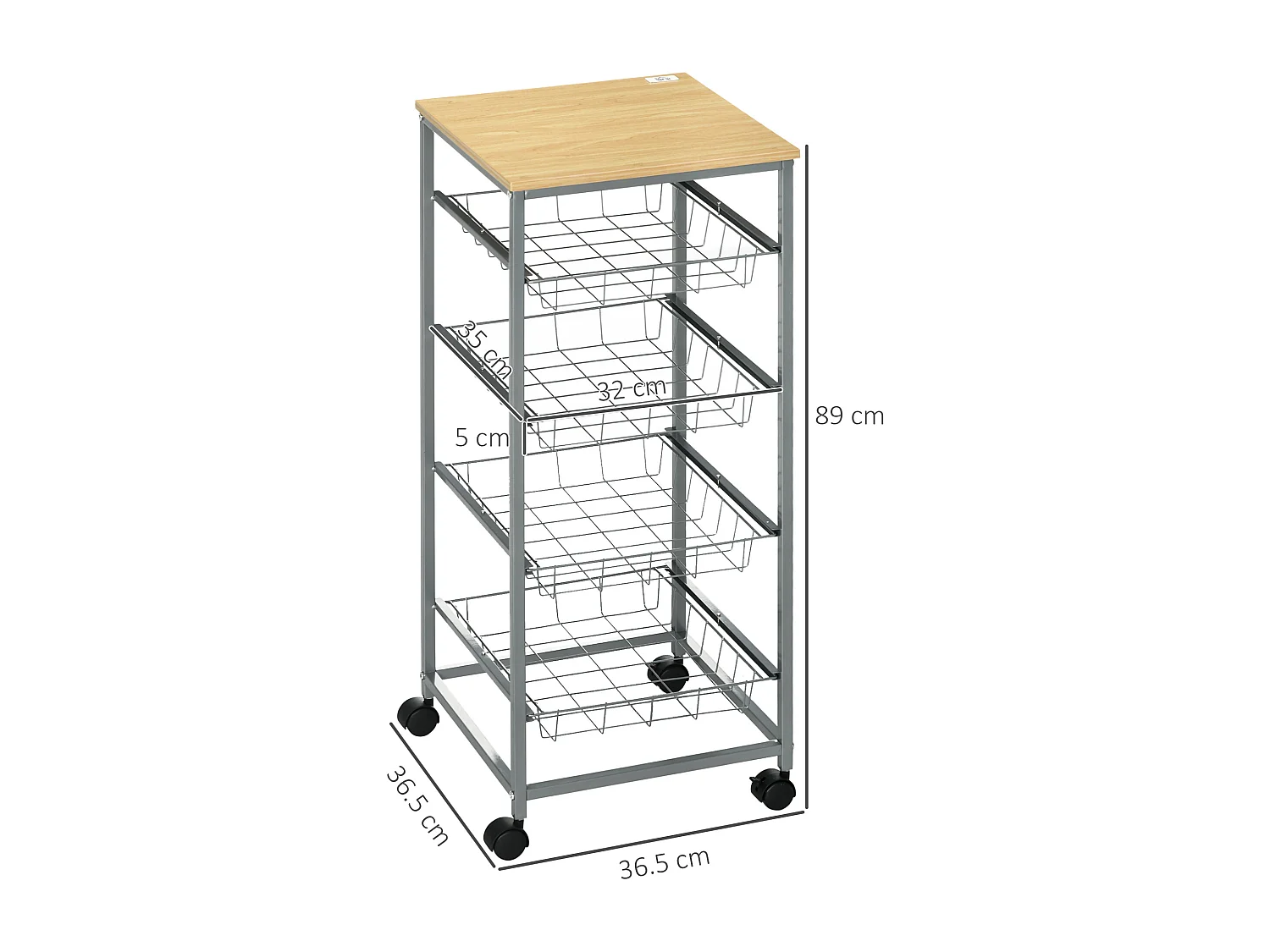 Carrello da cucina con 4 cesti in legno e acciaio 36.5x36.5x89 cm