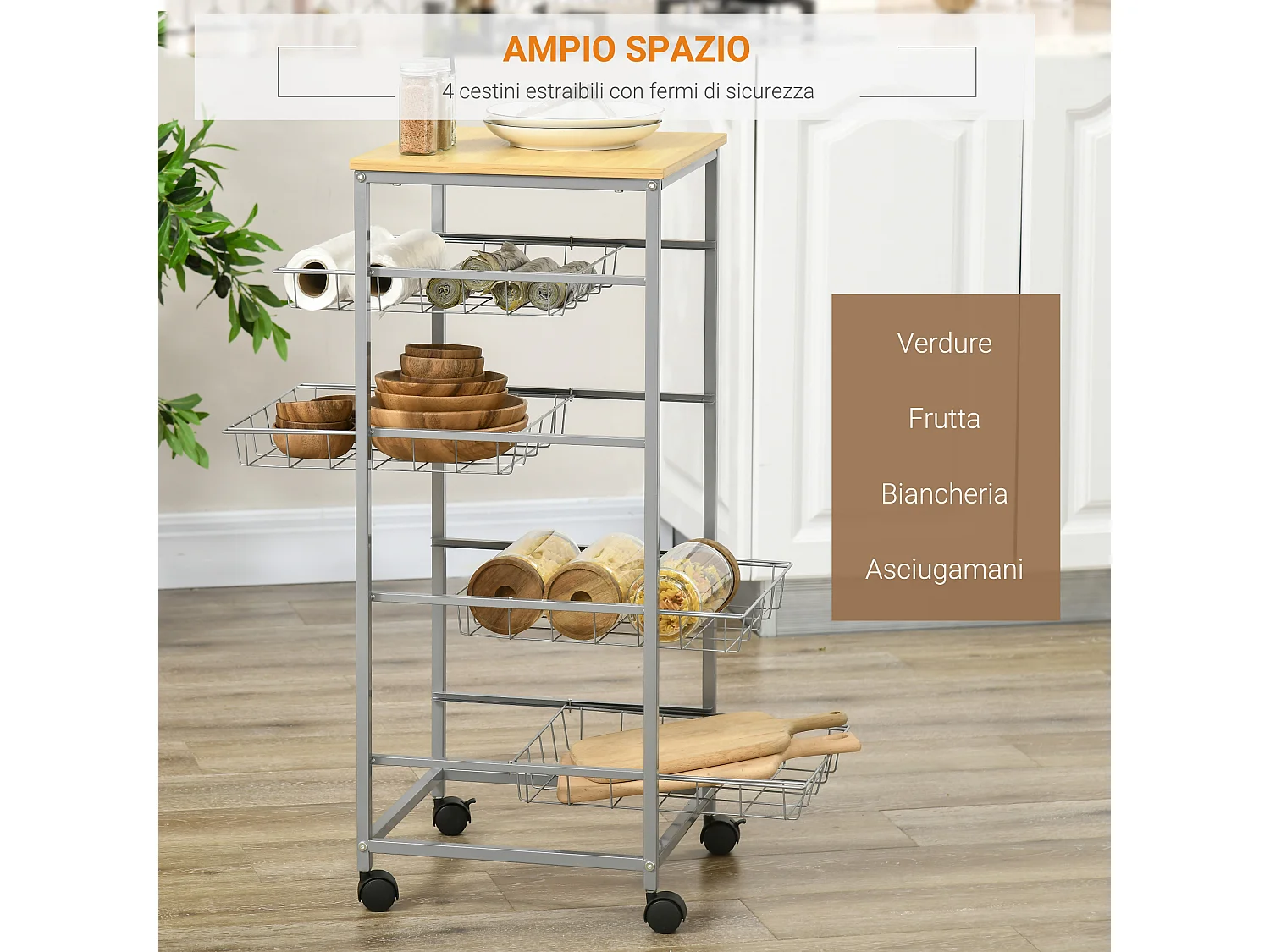 Carrello da cucina con 4 cesti in legno e acciaio 36.5x36.5x89 cm