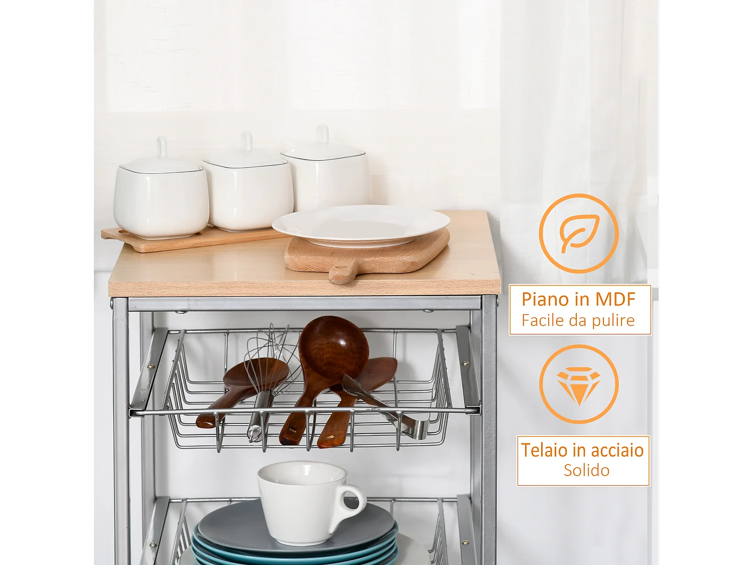 Carrello da cucina con 4 cesti in legno e acciaio 36.5x36.5x89 cm