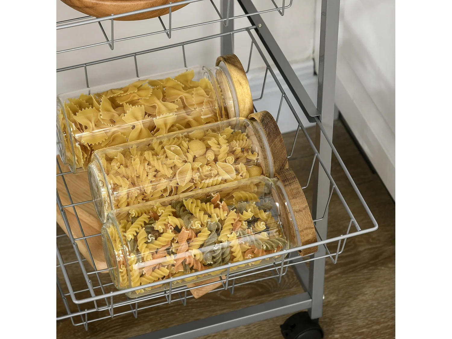 Carrello da cucina con 4 cesti in legno e acciaio 36.5x36.5x89 cm