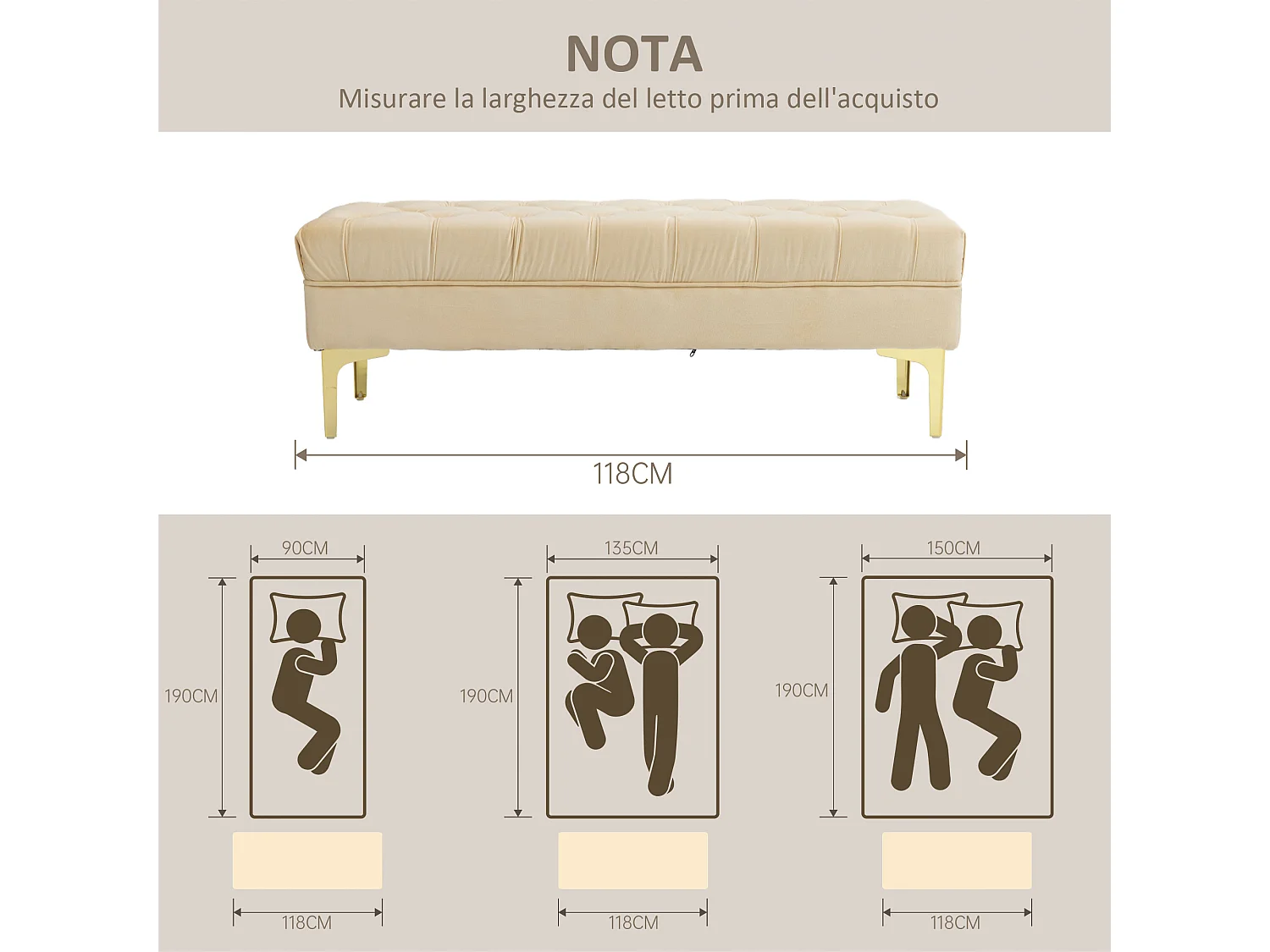 Panca fondo letto in tessuto effetto velluto trapuntato beige