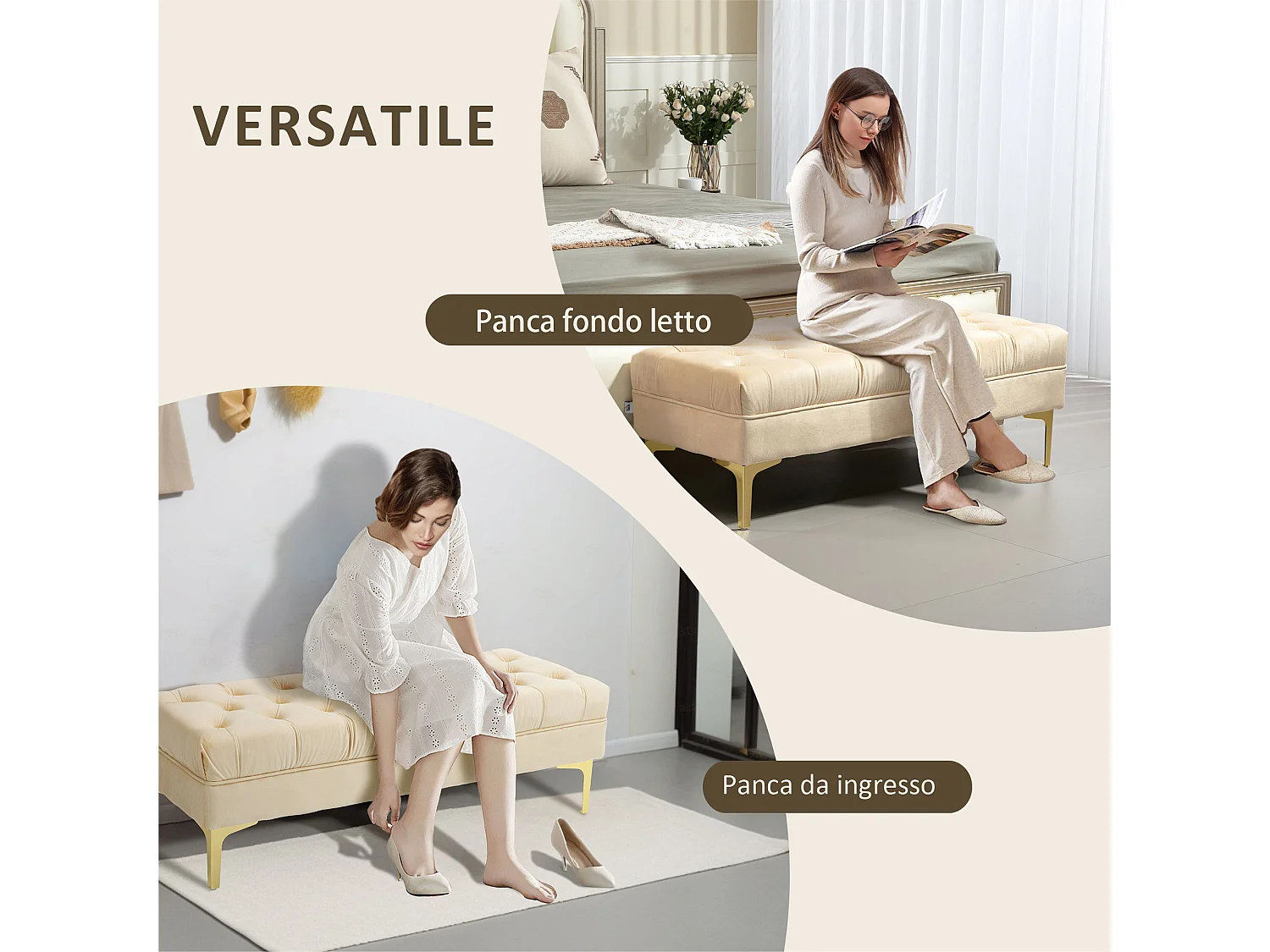 Panca fondo letto in tessuto effetto velluto trapuntato beige