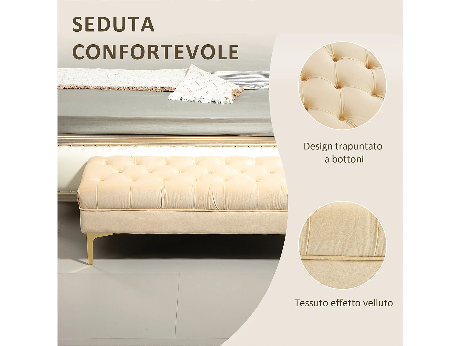 Panca fondo letto in tessuto effetto velluto trapuntato beige