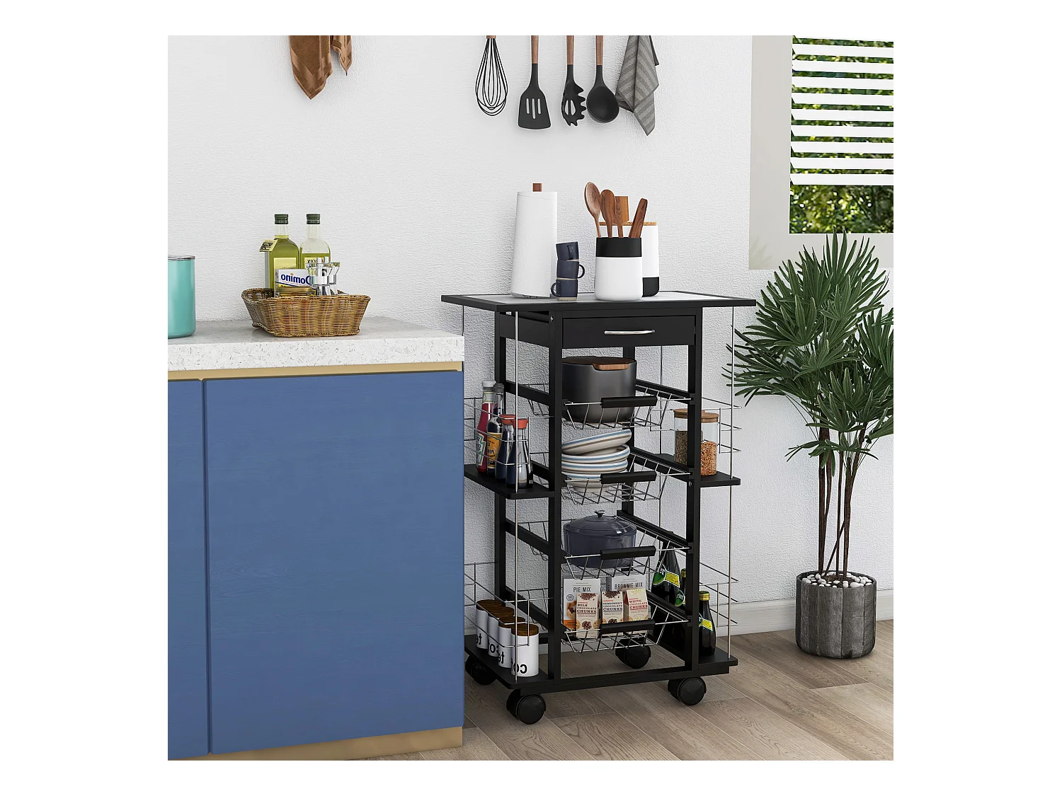 Carrello da cucina salvaspazio legno di pino metallo nero bianco