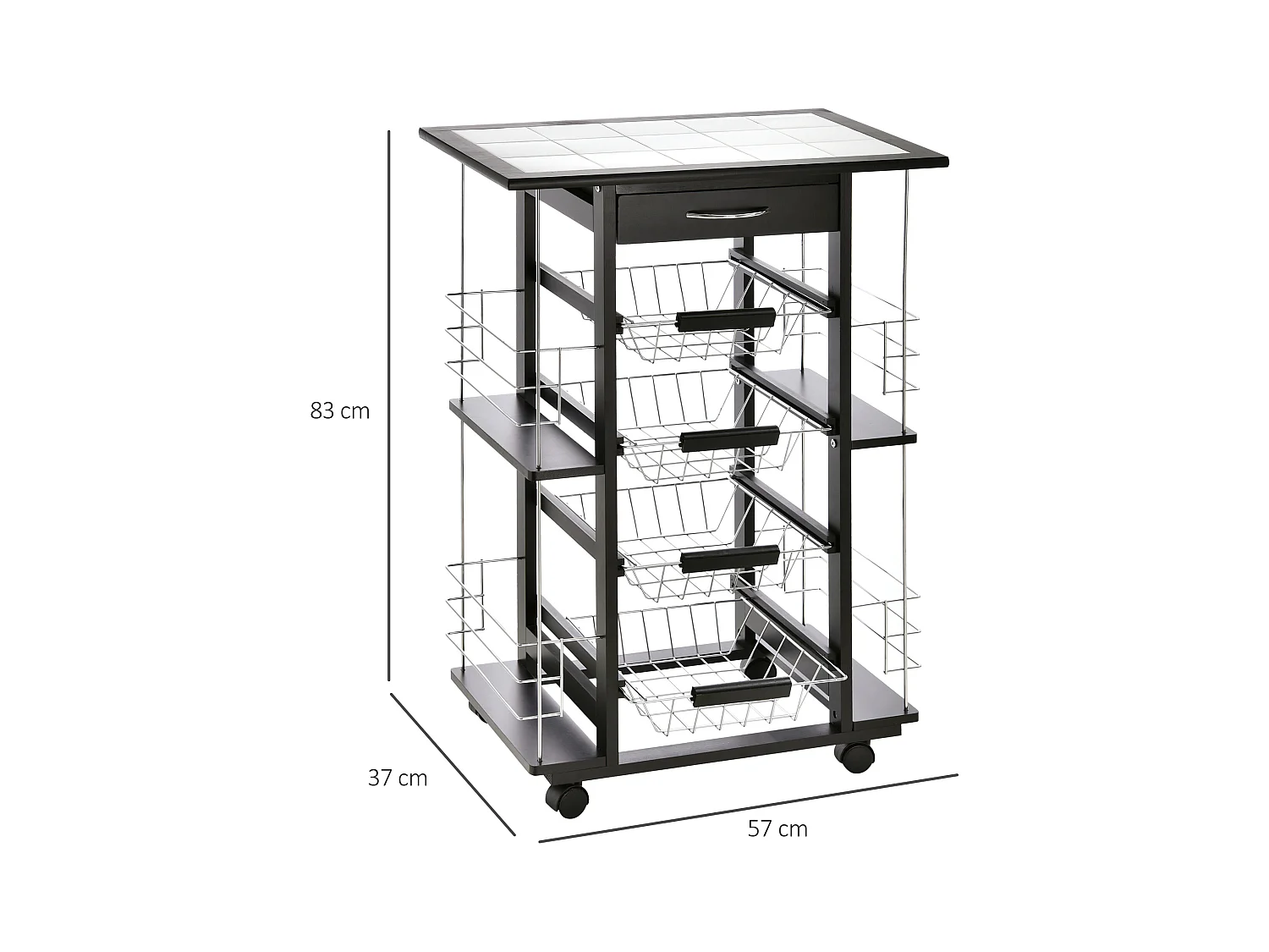 Carrello da cucina salvaspazio legno di pino metallo nero bianco