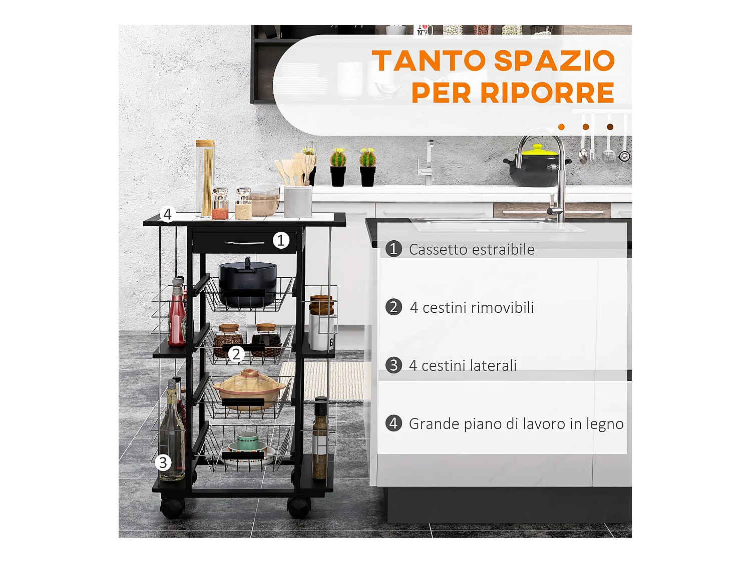 Carrello da cucina salvaspazio legno di pino metallo nero bianco
