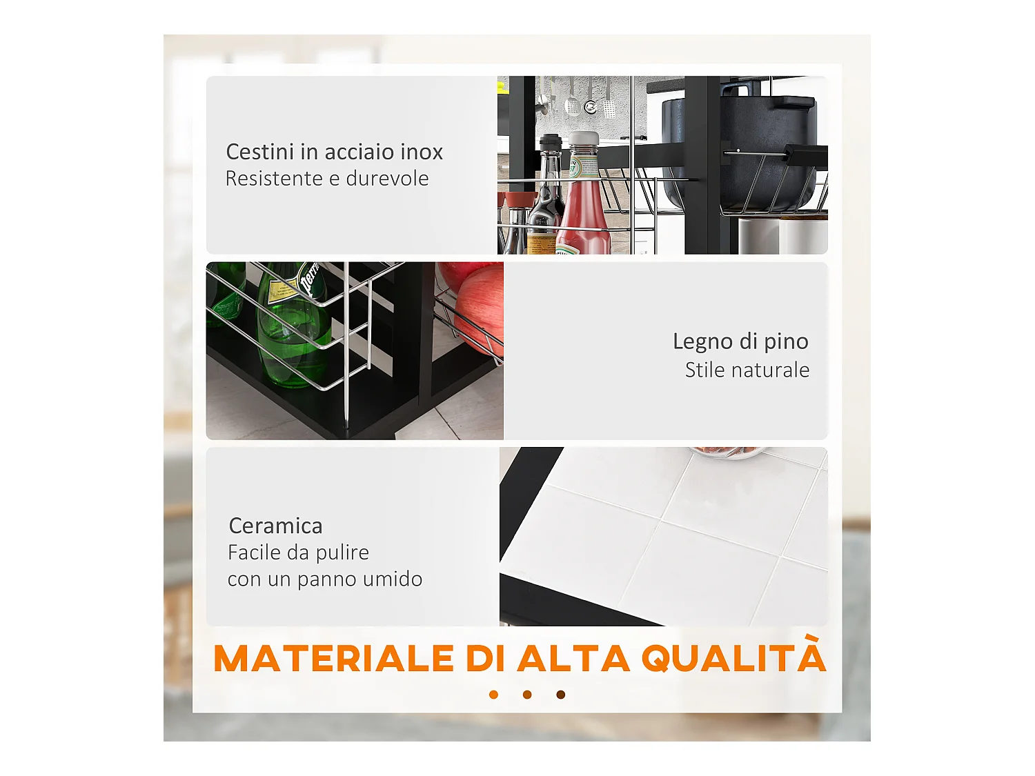 Carrello da cucina salvaspazio legno di pino metallo nero bianco