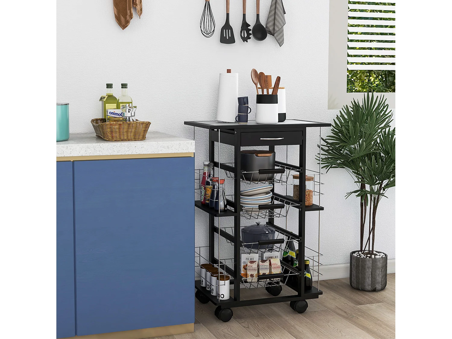 Carrello da cucina salvaspazio legno di pino metallo nero bianco