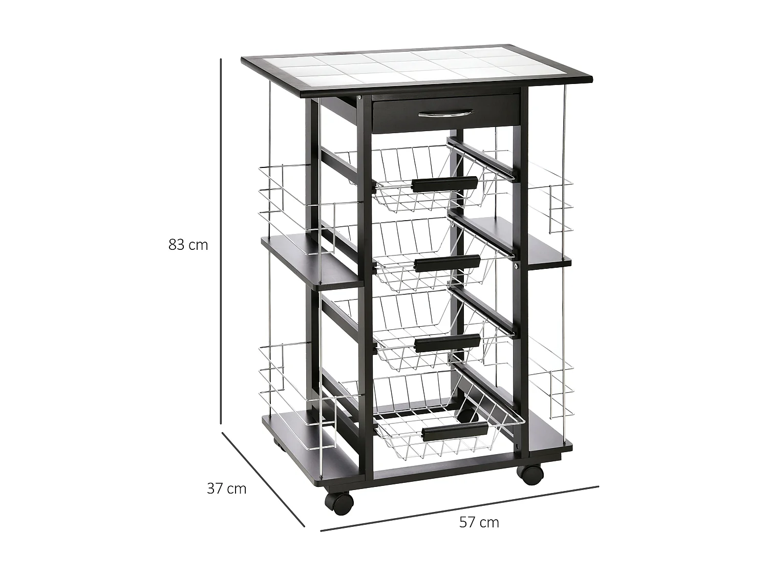 Carrello da cucina salvaspazio legno di pino metallo nero bianco