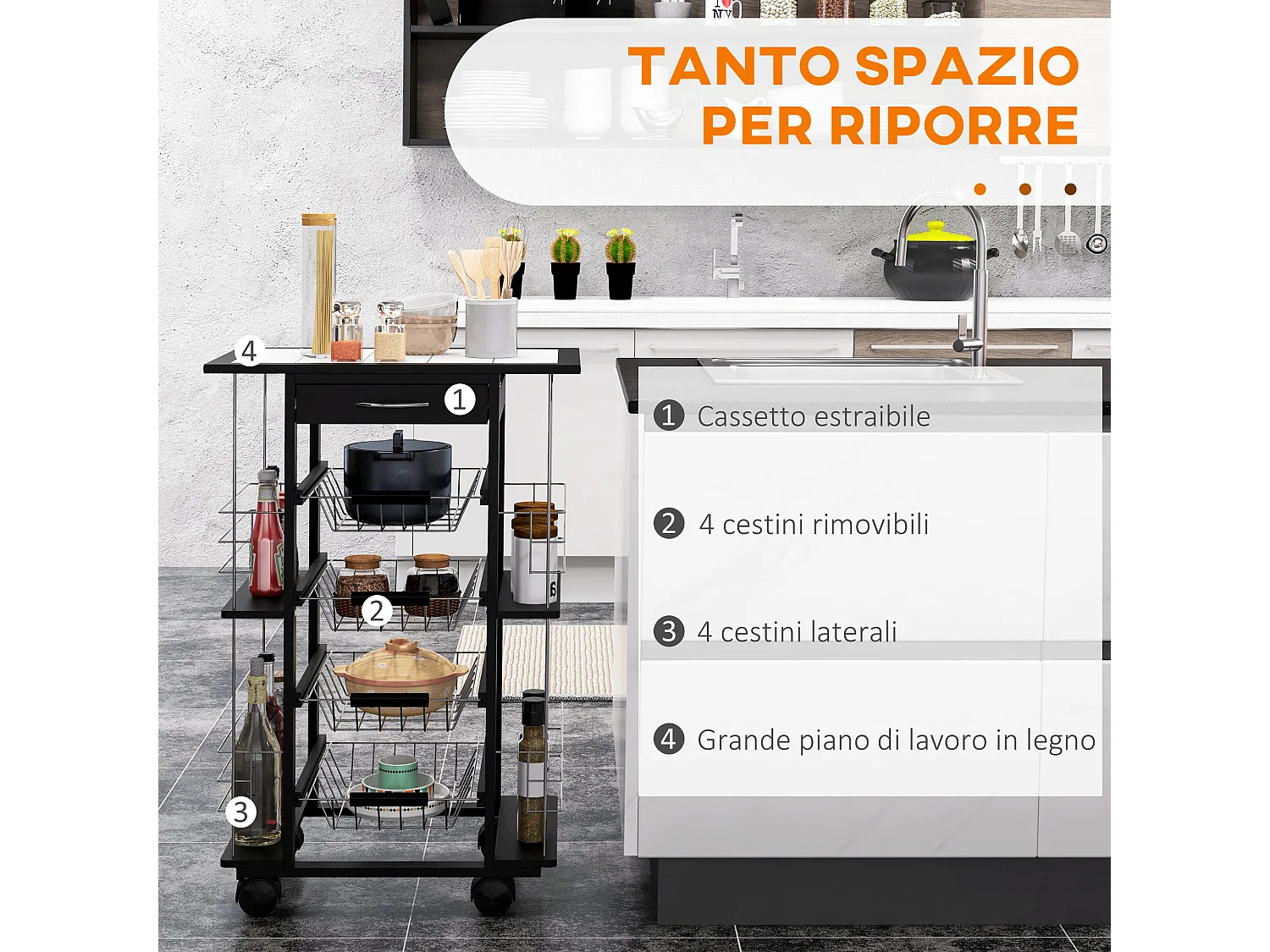 Carrello da cucina salvaspazio legno di pino metallo nero bianco