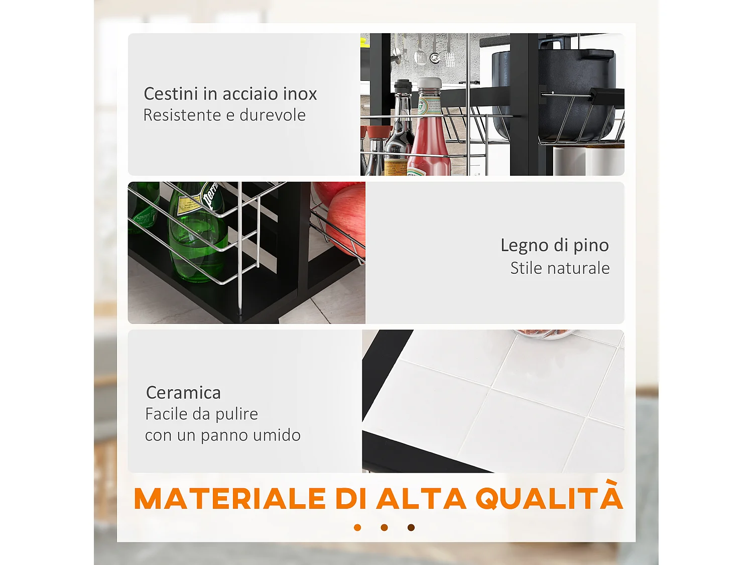 Carrello da cucina salvaspazio legno di pino metallo nero bianco