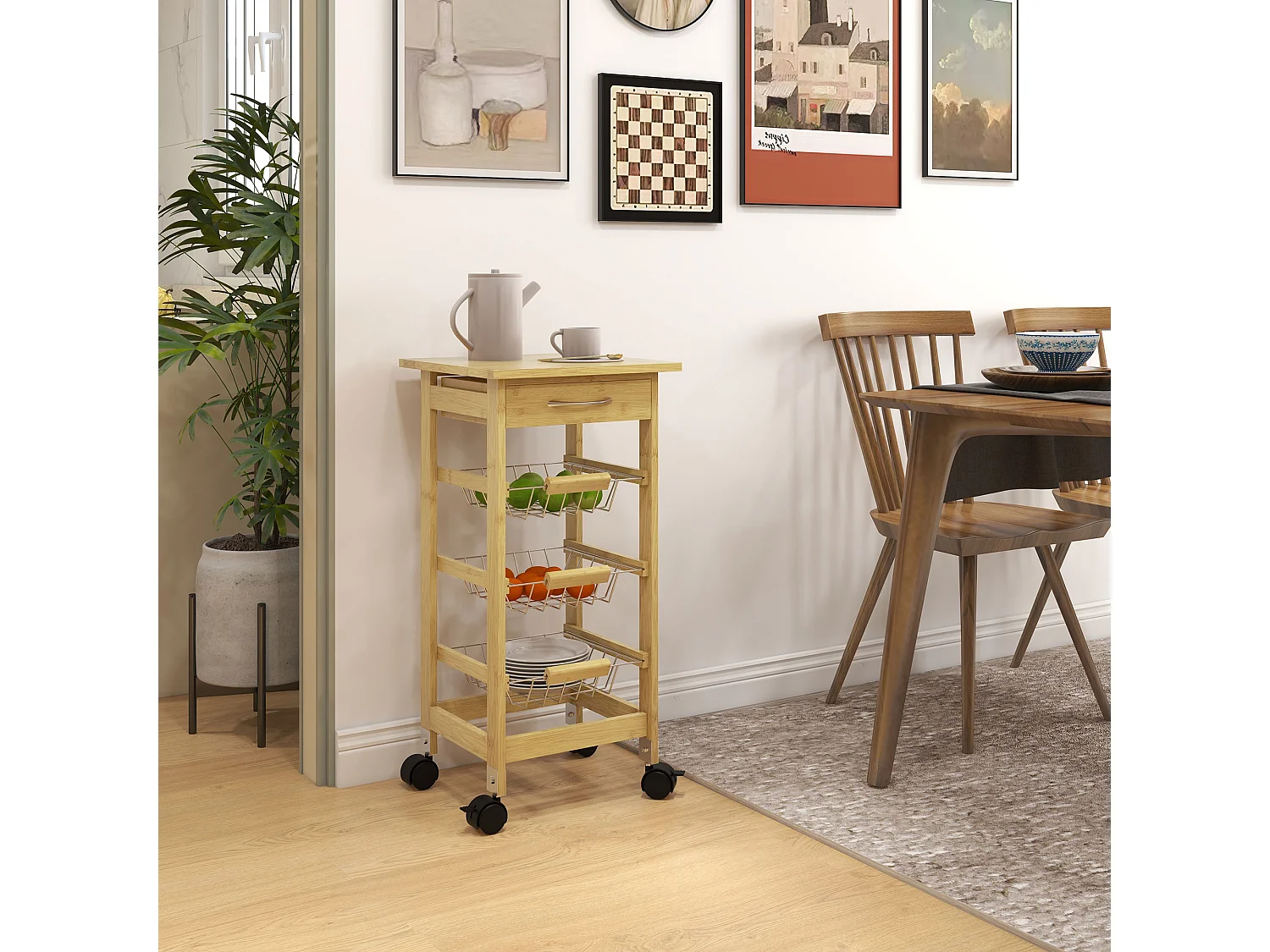 Carrello cucina con cassetto e 3 cestini a rete estraibili in legno