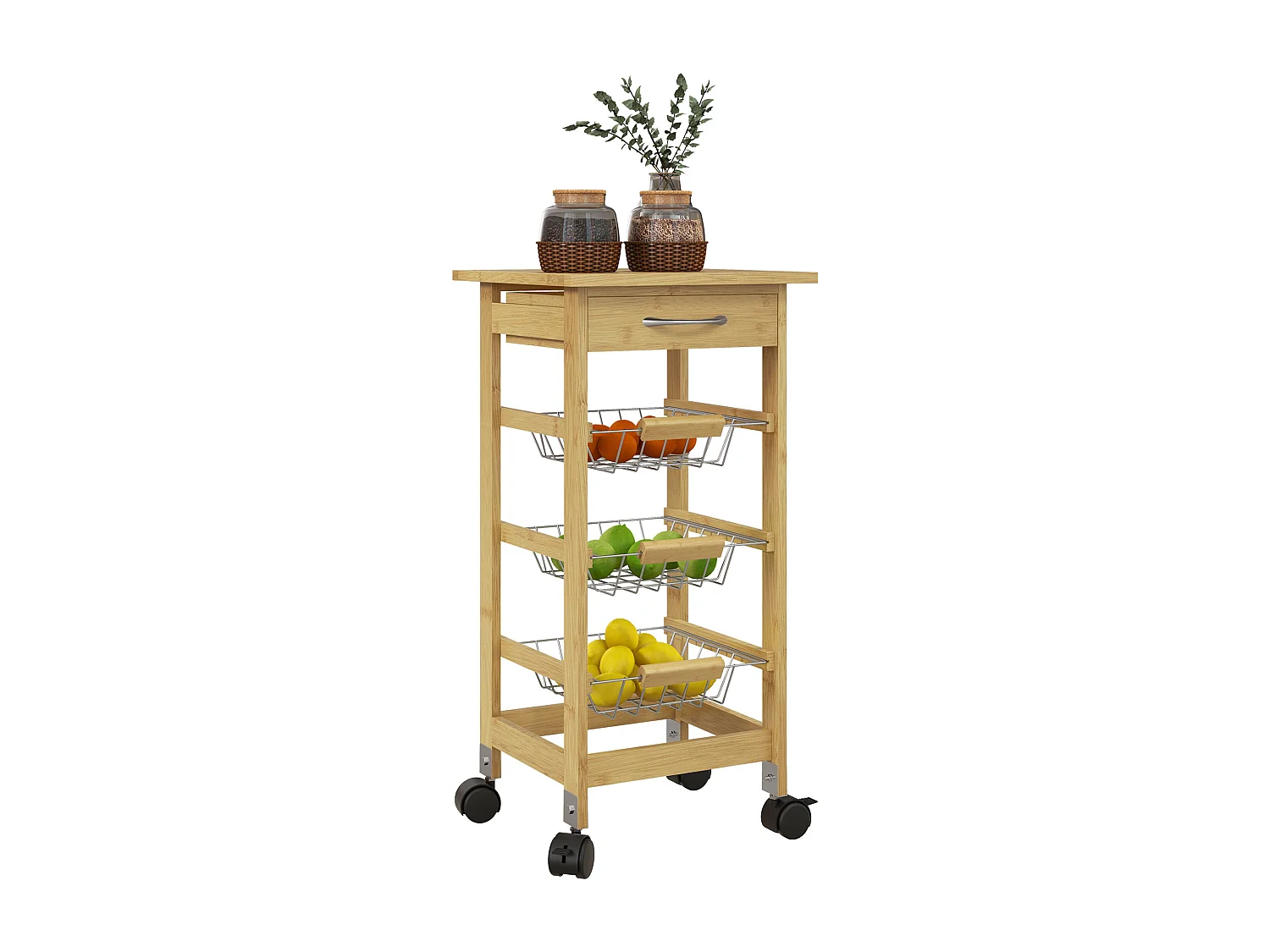 Carrello cucina con cassetto e 3 cestini a rete estraibili in legno