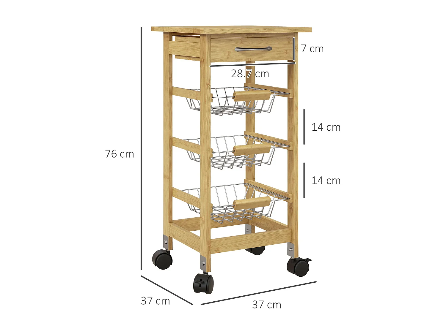 Carrello cucina con cassetto e 3 cestini a rete estraibili in legno