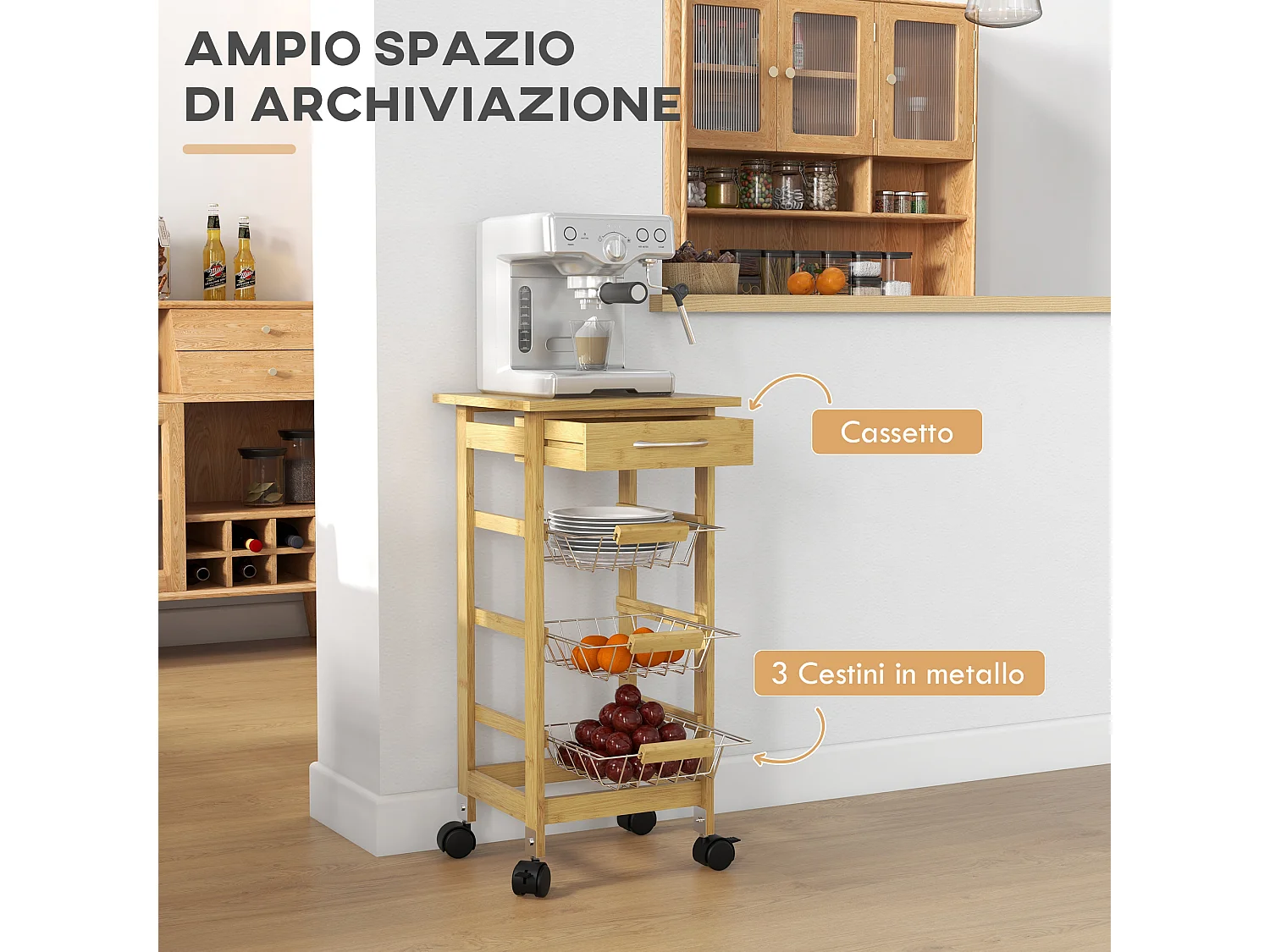 Carrello cucina con cassetto e 3 cestini a rete estraibili in legno