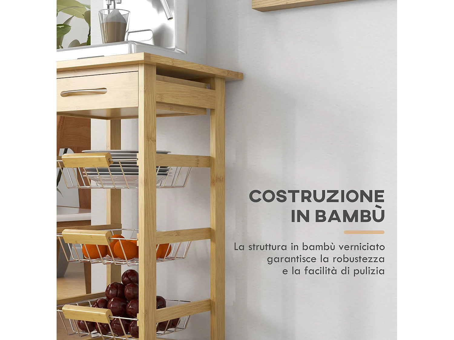 Carrello cucina con cassetto e 3 cestini a rete estraibili in legno